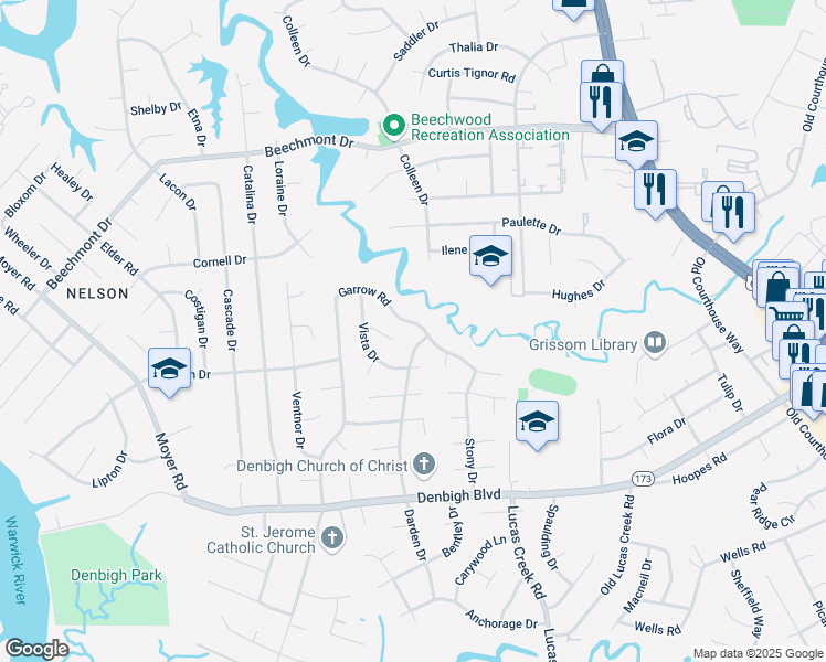 map of restaurants, bars, coffee shops, grocery stores, and more near 880 Garrow Road in Newport News