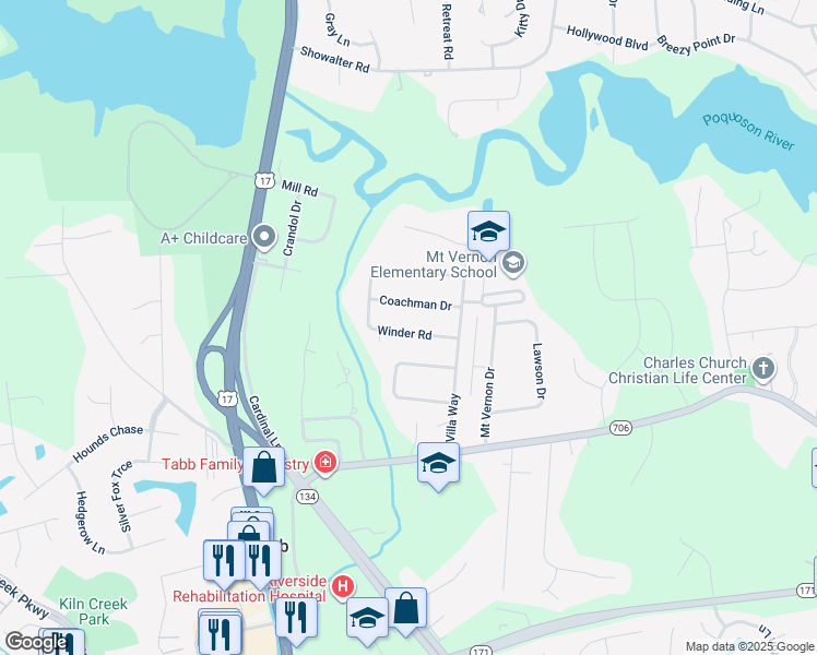 map of restaurants, bars, coffee shops, grocery stores, and more near 110 Winder Road in Yorktown