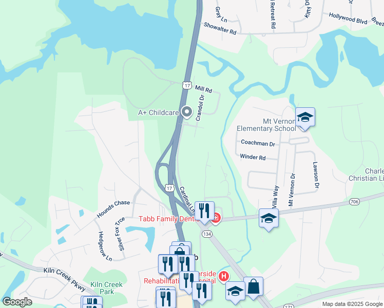 map of restaurants, bars, coffee shops, grocery stores, and more near 152 Cardinal Lane in Yorktown
