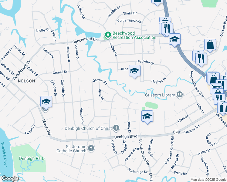 map of restaurants, bars, coffee shops, grocery stores, and more near 880 Garrow Road in Newport News