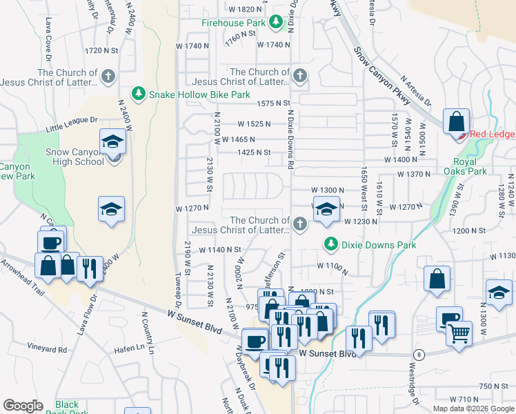 map of restaurants, bars, coffee shops, grocery stores, and more near 1225 North Dixie Downs Road in St. George