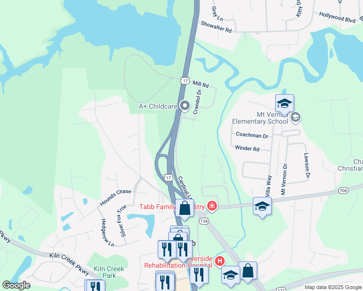 map of restaurants, bars, coffee shops, grocery stores, and more near 156 Cardinal Lane in Yorktown