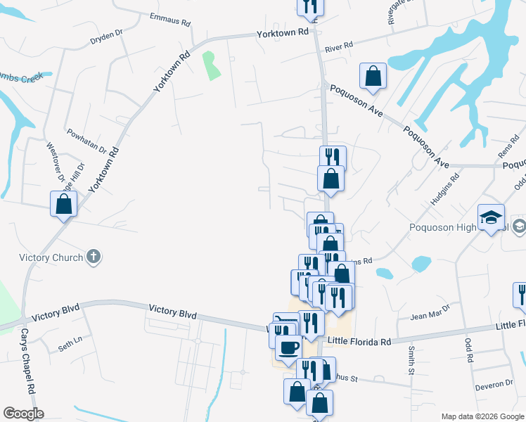 map of restaurants, bars, coffee shops, grocery stores, and more near 1 Belles Cove Drive in Poquoson