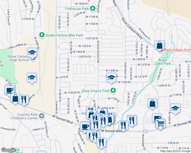 map of restaurants, bars, coffee shops, grocery stores, and more near 1942 West 1200 North in St. George