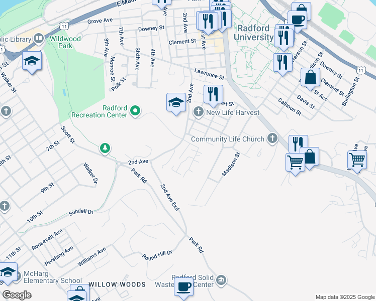 map of restaurants, bars, coffee shops, grocery stores, and more near 406 Sanford Street in Radford