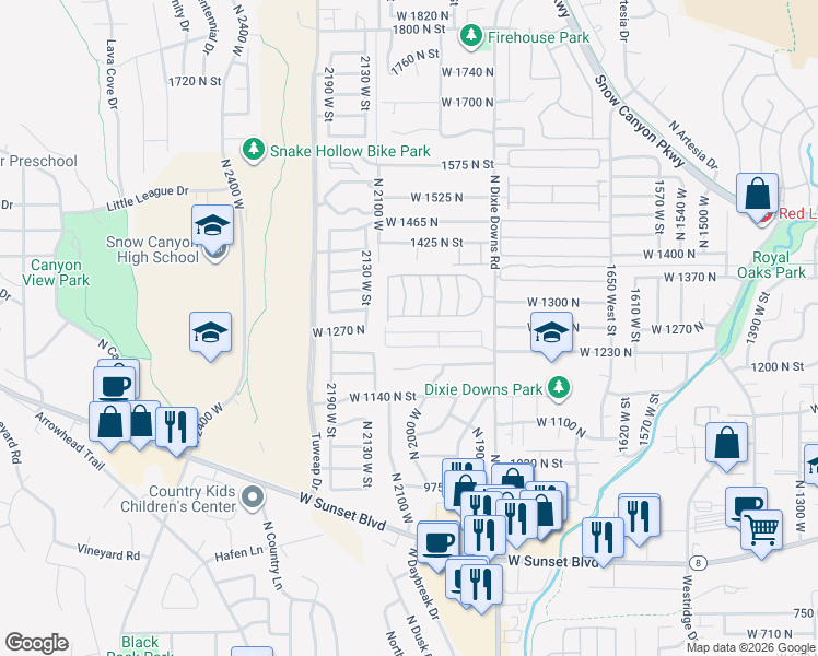 map of restaurants, bars, coffee shops, grocery stores, and more near 1225 North Dixie Downs Road in St. George