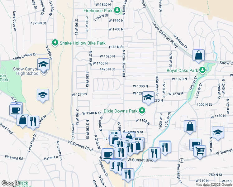 map of restaurants, bars, coffee shops, grocery stores, and more near 1225 North Dixie Downs Road in St. George