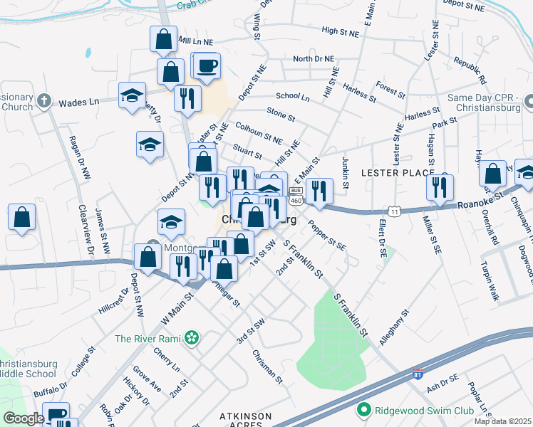 map of restaurants, bars, coffee shops, grocery stores, and more near 24 East Main Street in Christiansburg