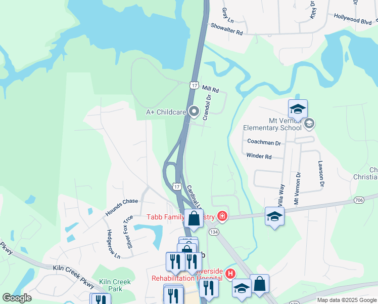 map of restaurants, bars, coffee shops, grocery stores, and more near 156 Cardinal Lane in Yorktown