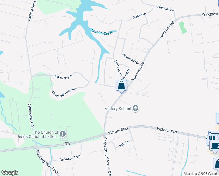 map of restaurants, bars, coffee shops, grocery stores, and more near 15 West Carriage Hill Drive in Poquoson