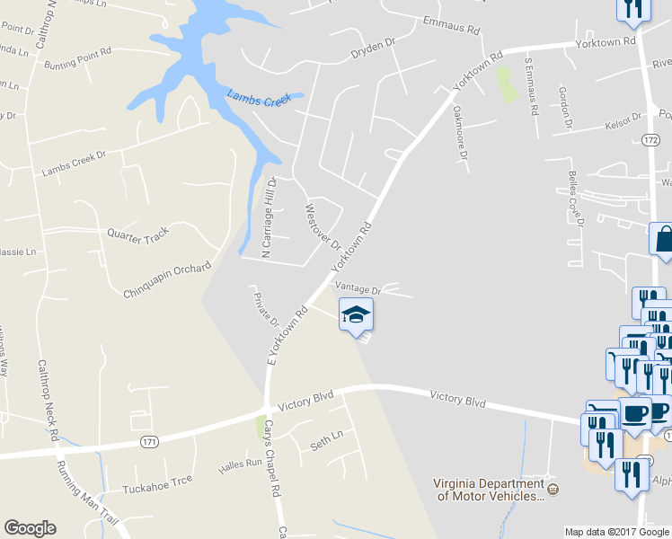 map of restaurants, bars, coffee shops, grocery stores, and more near 669 Yorktown Road in Poquoson