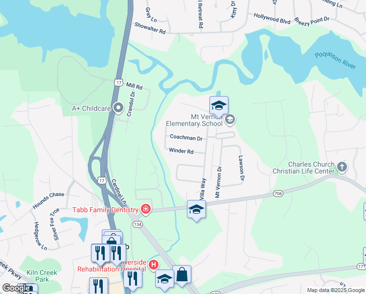 map of restaurants, bars, coffee shops, grocery stores, and more near 110 Winder Road in Yorktown