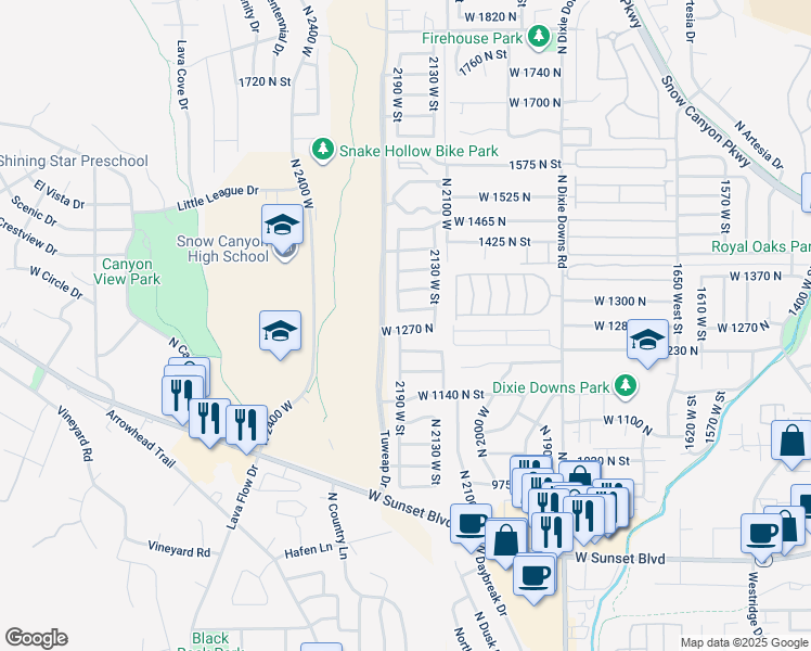 map of restaurants, bars, coffee shops, grocery stores, and more near 2186 West 1270 North in St. George