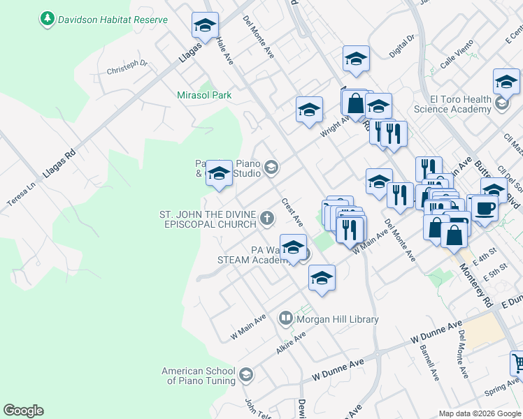 map of restaurants, bars, coffee shops, grocery stores, and more near 365 Heidi Drive in Morgan Hill