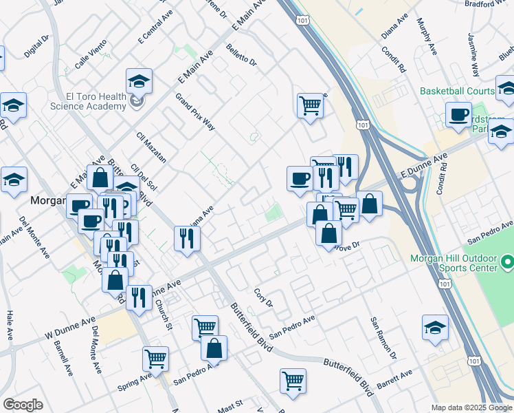 map of restaurants, bars, coffee shops, grocery stores, and more near 17227 Saint Anthony Drive in Morgan Hill
