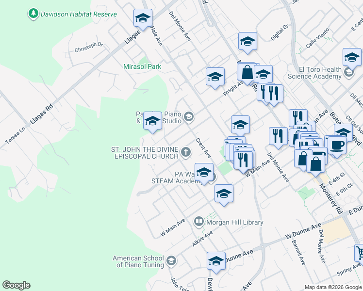 map of restaurants, bars, coffee shops, grocery stores, and more near 365 Heidi Drive in Morgan Hill