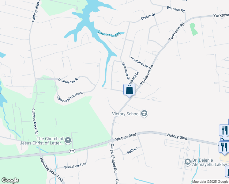 map of restaurants, bars, coffee shops, grocery stores, and more near 17 Carriage Hill Drive in Poquoson