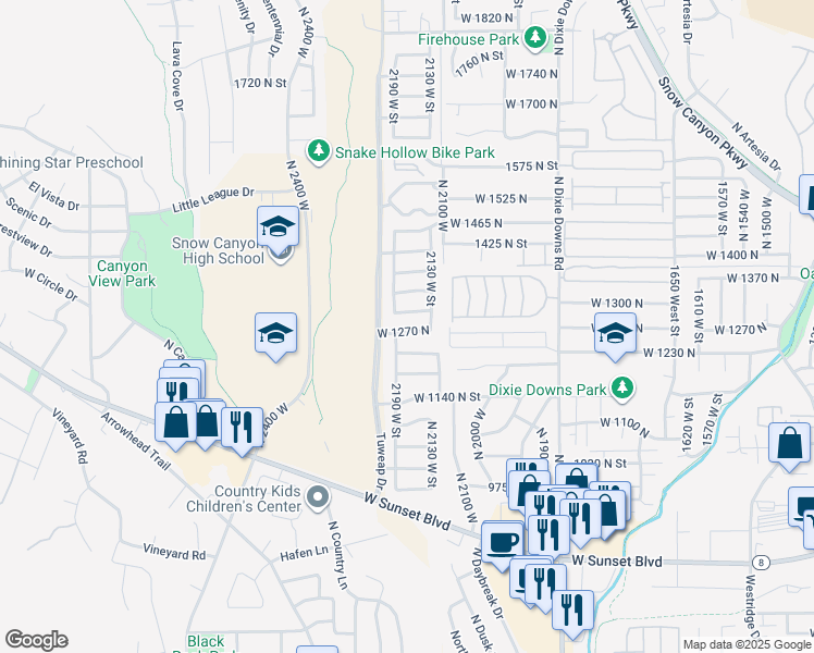 map of restaurants, bars, coffee shops, grocery stores, and more near 2174 West 1270 North in St. George