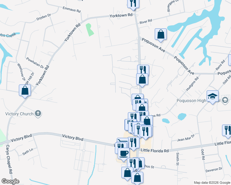 map of restaurants, bars, coffee shops, grocery stores, and more near 1 Belles Cove Drive in Poquoson
