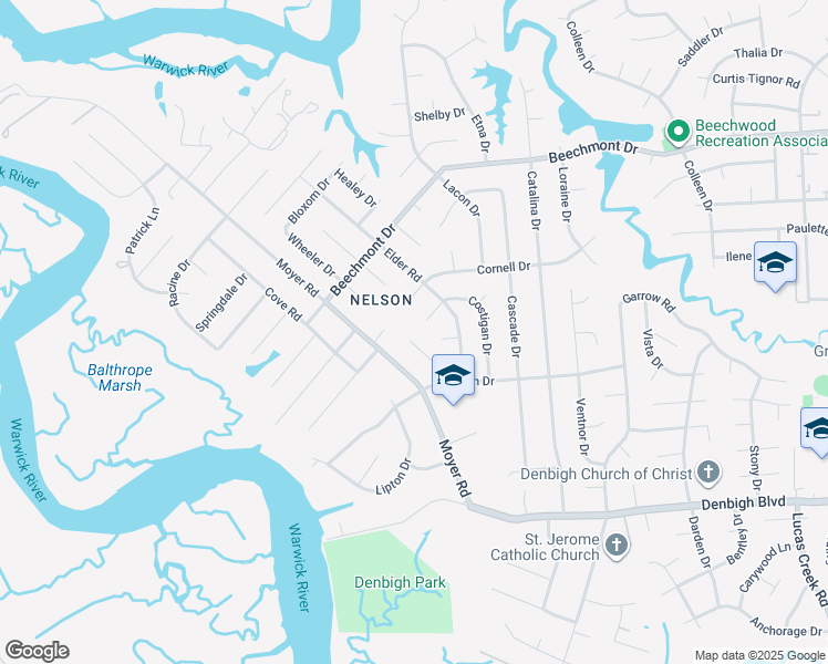 map of restaurants, bars, coffee shops, grocery stores, and more near 863 Wilmont Lane in Newport News