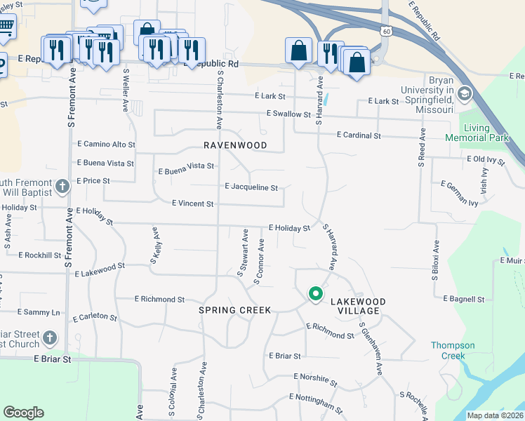 map of restaurants, bars, coffee shops, grocery stores, and more near 1913 East Holiday Street in Springfield