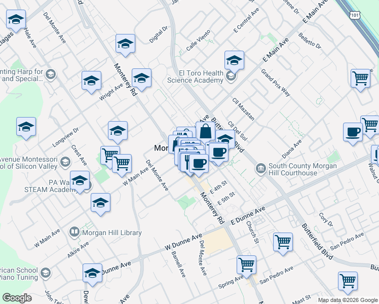 map of restaurants, bars, coffee shops, grocery stores, and more near 55 East 1st Street in Morgan Hill