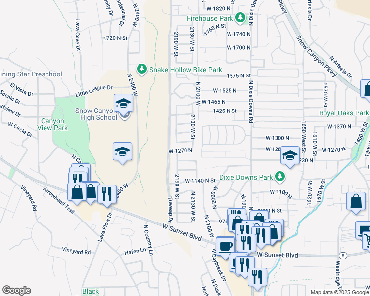 map of restaurants, bars, coffee shops, grocery stores, and more near 2162 West 1270 North in St. George