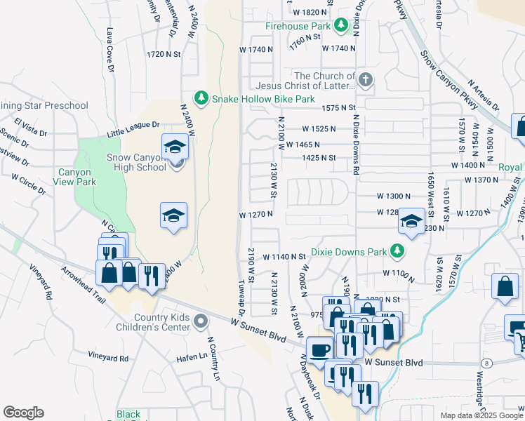 map of restaurants, bars, coffee shops, grocery stores, and more near 2162 West 1270 North in St. George