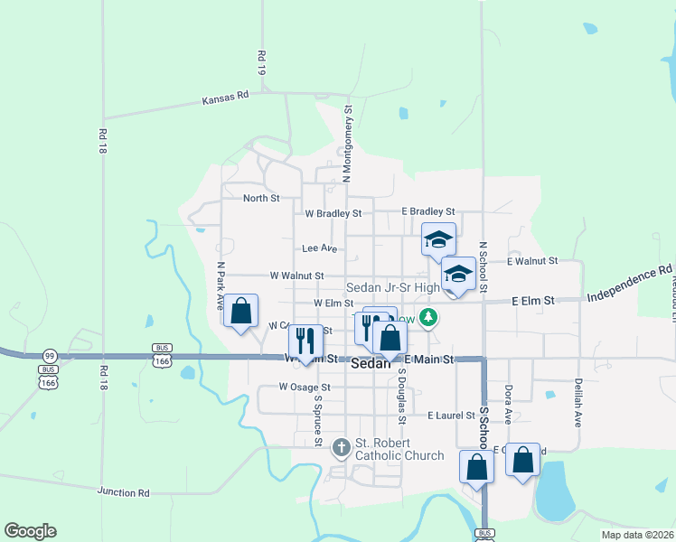 map of restaurants, bars, coffee shops, grocery stores, and more near 301-309 N Spruce St in Sedan