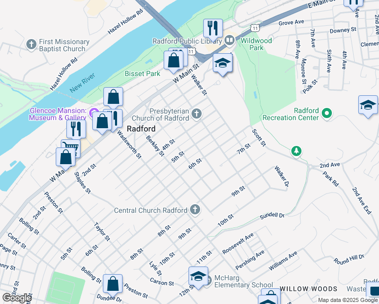 map of restaurants, bars, coffee shops, grocery stores, and more near 306 5th Street in Radford