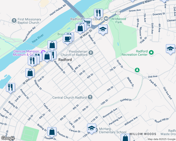 map of restaurants, bars, coffee shops, grocery stores, and more near 306 5th Street in Radford