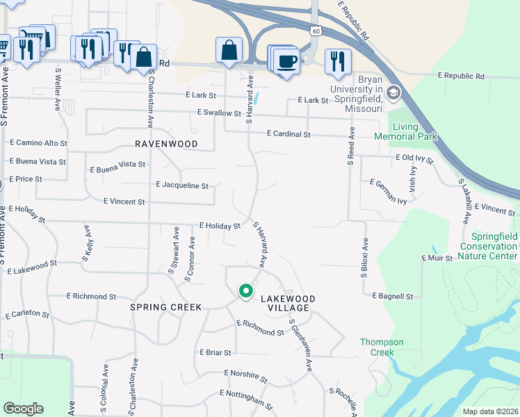 map of restaurants, bars, coffee shops, grocery stores, and more near 4600-4634 S Harvard Ave in Springfield