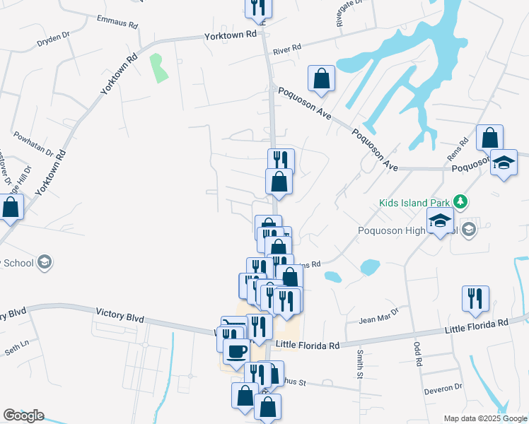 map of restaurants, bars, coffee shops, grocery stores, and more near 531 Wythe Creek Road in Poquoson