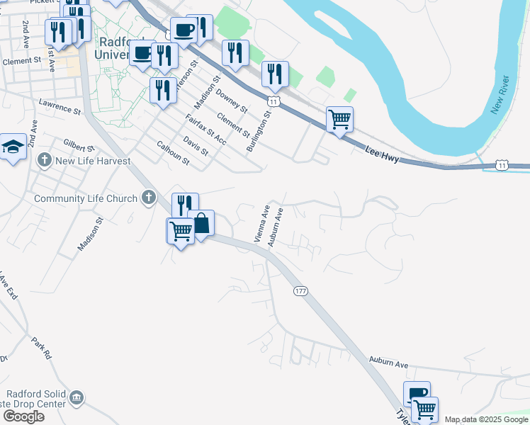 map of restaurants, bars, coffee shops, grocery stores, and more near 513 Vienna Avenue in Radford