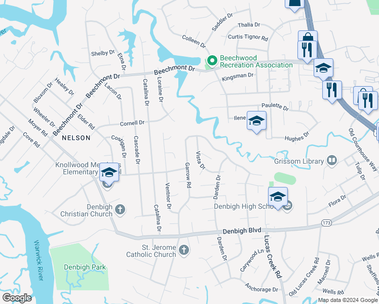 map of restaurants, bars, coffee shops, grocery stores, and more near 850 Garrow Road in Newport News