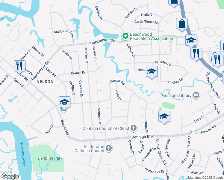 map of restaurants, bars, coffee shops, grocery stores, and more near 850 Garrow Road in Newport News