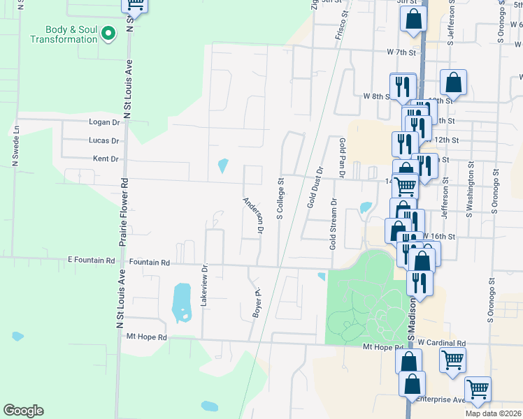 map of restaurants, bars, coffee shops, grocery stores, and more near 1638 Betenbough Way in Webb City