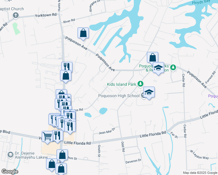 map of restaurants, bars, coffee shops, grocery stores, and more near 90 Hudgins Road in Poquoson