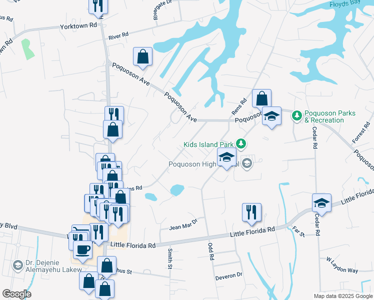 map of restaurants, bars, coffee shops, grocery stores, and more near 90 Hudgins Road in Poquoson