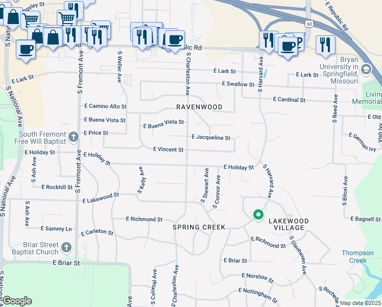 map of restaurants, bars, coffee shops, grocery stores, and more near 1810 East Vincent Street in Springfield