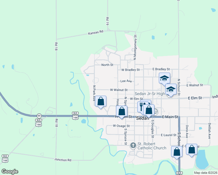 map of restaurants, bars, coffee shops, grocery stores, and more near 495-571 West Walnut Street in Sedan
