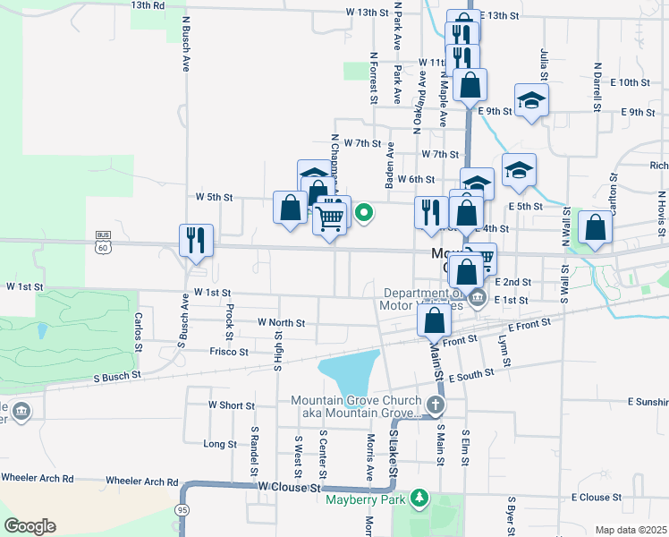 map of restaurants, bars, coffee shops, grocery stores, and more near 488 West 3rd Street in Mountain Grove