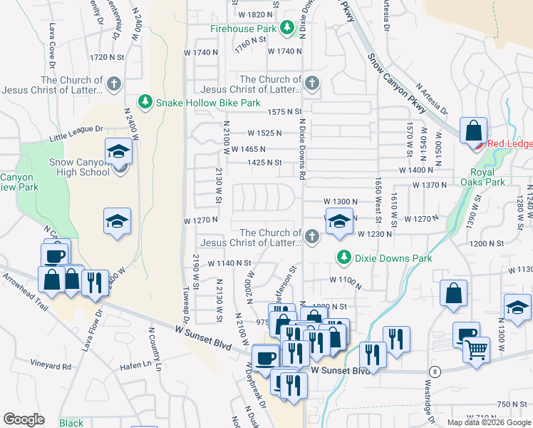 map of restaurants, bars, coffee shops, grocery stores, and more near 1331 North Dixie Downs Road in St. George