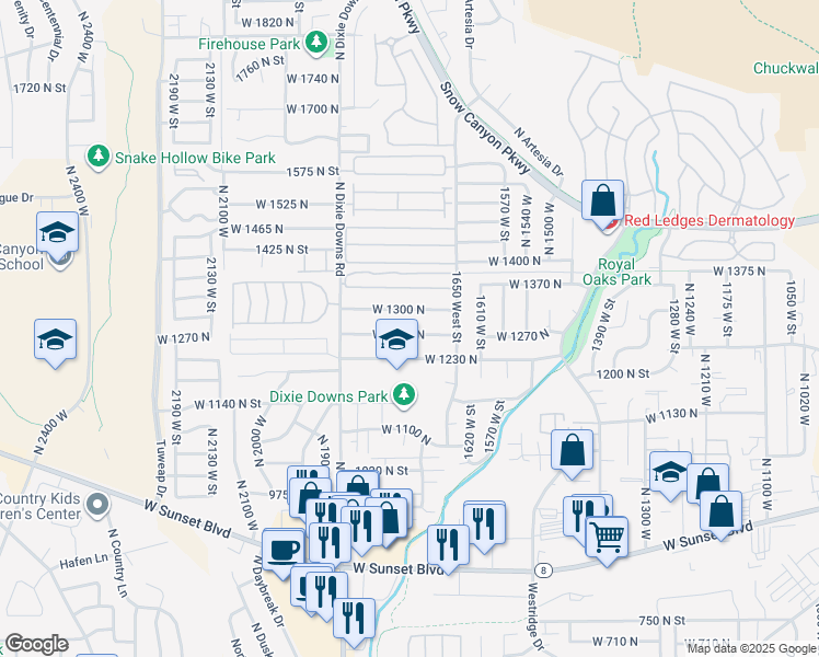 map of restaurants, bars, coffee shops, grocery stores, and more near 1748 West 1280 North in St. George