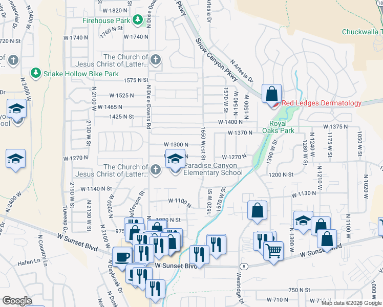 map of restaurants, bars, coffee shops, grocery stores, and more near 1714 1300 North in St. George