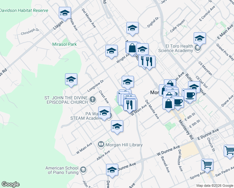 map of restaurants, bars, coffee shops, grocery stores, and more near 156 Lindo Lane in Morgan Hill