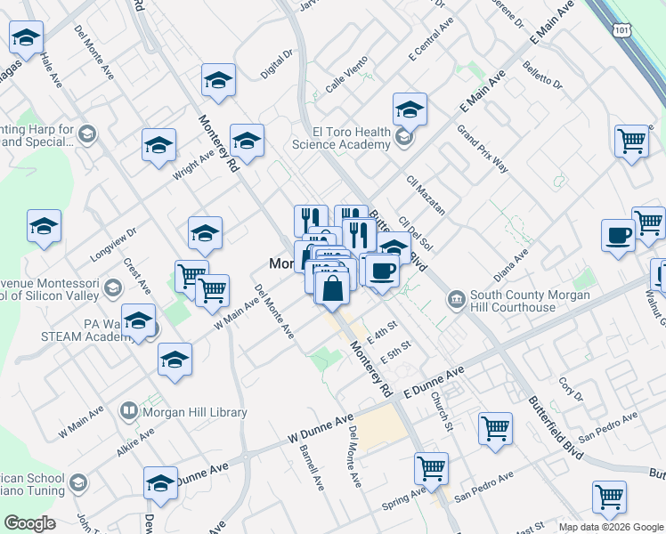 map of restaurants, bars, coffee shops, grocery stores, and more near 17575 Depot Street in Morgan Hill