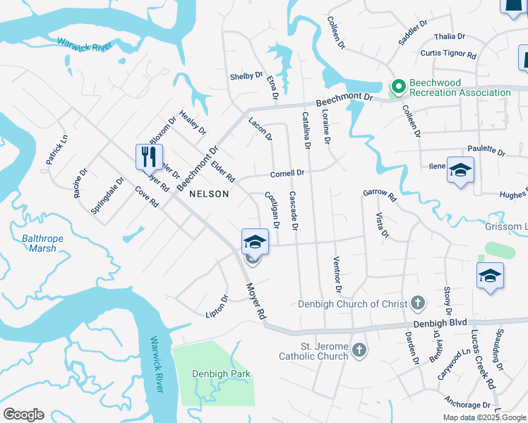 map of restaurants, bars, coffee shops, grocery stores, and more near 868 Elder Road in Newport News