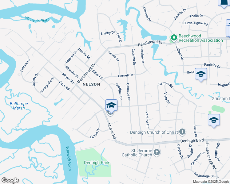 map of restaurants, bars, coffee shops, grocery stores, and more near 868 Elder Road in Newport News