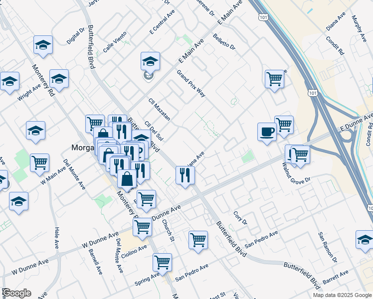 map of restaurants, bars, coffee shops, grocery stores, and more near 17245 Markross Court in Morgan Hill